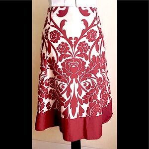 Red & Cream Fit & Flare Silk Skirt: Knee Length/Midi, High Waist, Sz. 2